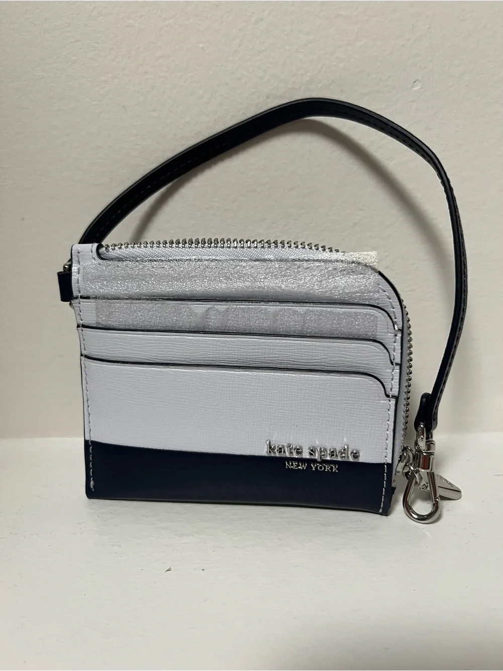 kate spade baby blue, navy and silver Leather Wristlet Card Holder